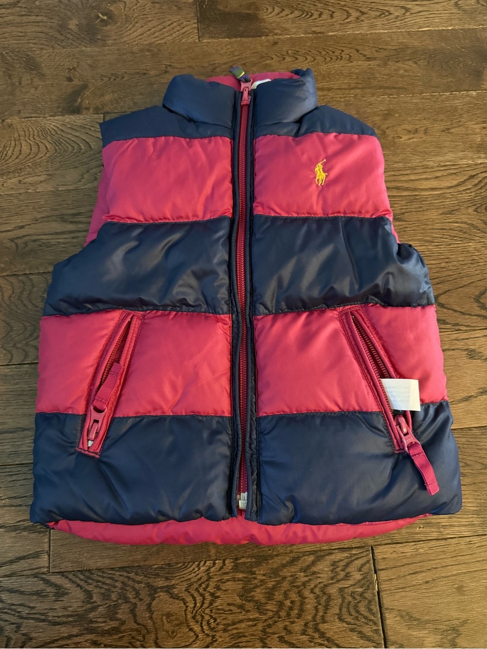 Ralph Lauren Pink & Navy Reversible Puffer Vest with Yellow Pony